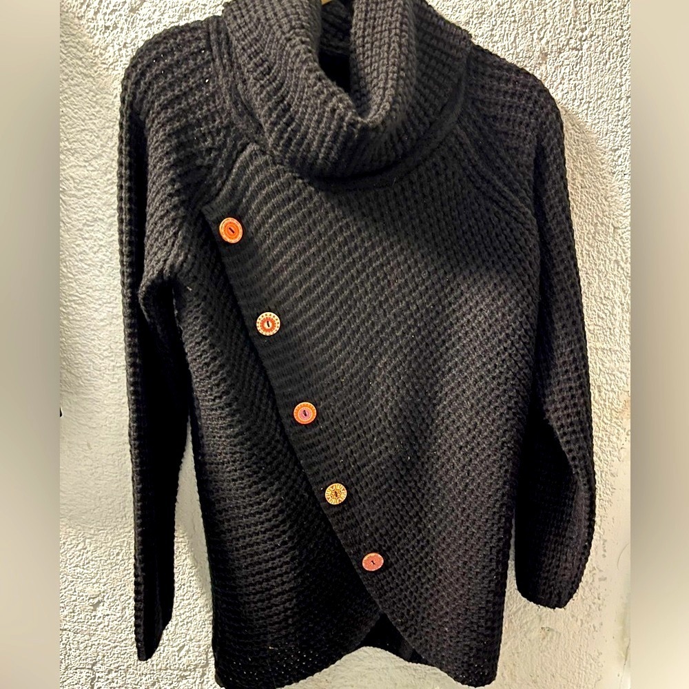 Black Sweater with Decorative Wood Button, Small fits Medium Pit to Pit 19.5”